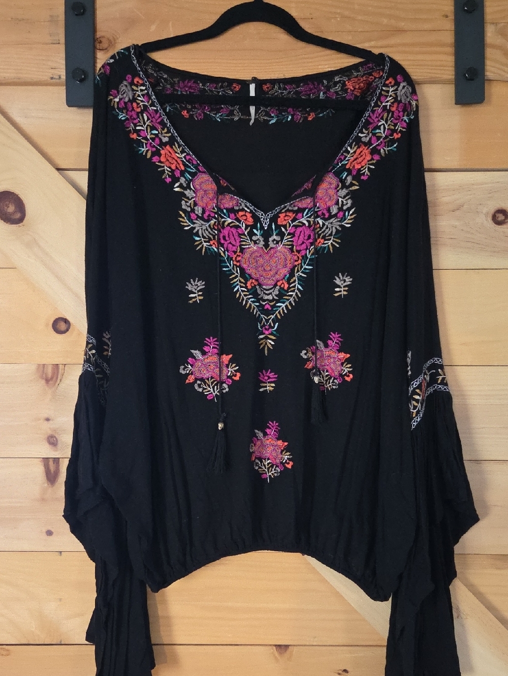 Free People Black Boho Embroidered V-Neck Tunic with Pink & Orange Floral Detail